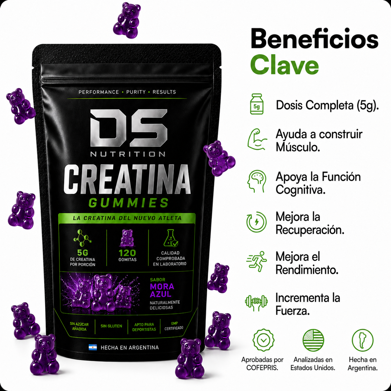 Creatina en gomitas sabor mora azul